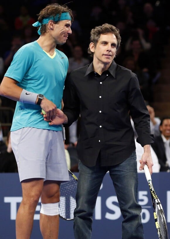Ben Stiller et Rafael Nadal lors d'un match exhibition face à Juan Martin Del Potro au the BNP Paribas Showdown qui se disputait au Madison Square Garden de New York le 4 mars 2013
