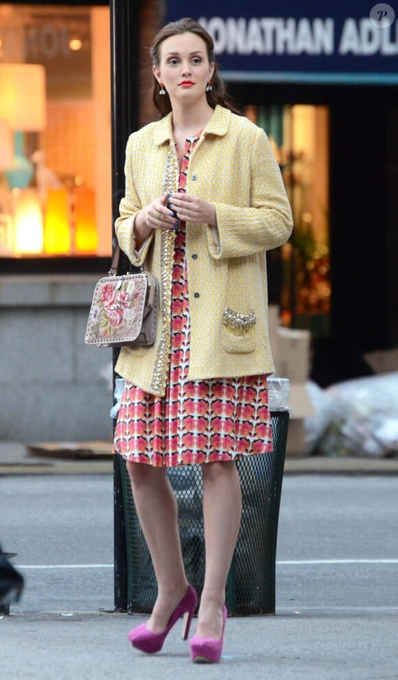 Leighton Meester sur le tournage de Gossip Girl, à New York le 28 août 2012.