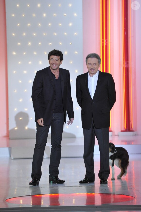 Patrick Bruel, Michel Drucker à l'enregistrement de l'émission Vivement Dimanche à Paris, le 20 mars 2013. Diffusion prévue le 24 mars 2013.