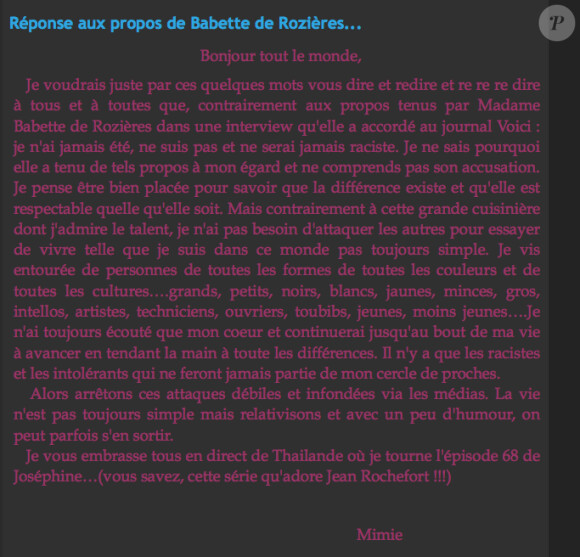 Réponse de Mimie Mathy à Babette de Rozières sur son blog officiel