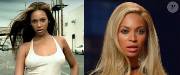A droite, Beyoncé il y a dix ans dans le clip de Crazy in Love (feat. Jay-Z) / A gauche, Beyoncé aujourd'hui dans sa vidéo "Mirrors" pour Pepsi.
