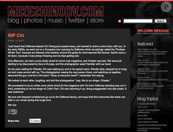 Mike Shinoda (Linkin Park) a partagé une anecdote aussi amusante qu'émouvante suite à la mort de Chi Cheng, bassiste de Deftones, survenue le 13 avril 2013.