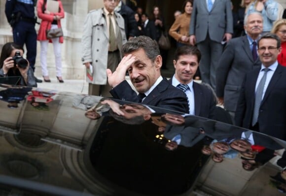 Nicolas Sarkozy et Jean-Christophe Fromantin à Neuilly-sur-Seine le 16 avril 2013 pour le 30e anniversaire de la disparition d'Achille Peretti maire de la ville de 1947 à 1983.