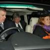 Le prince Andrew et Sarah Ferguson, duc et duchesse d'York divorcés depuis 1996, après avoir dîné au restaurant Scotts, à Londres le 17 avril 2013, quelques heures après les obsèques de Margaret Thatcher auxquelles Fergie a assisté.