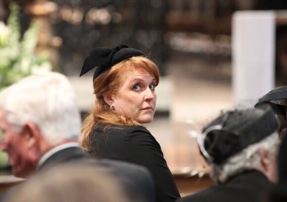 Sarah Ferguson, duchesse d'York, aux obsèques cérémonielles de Margaret Thatcher en la cathédrale Saint Paul, à Londres le 17 avril 2013.