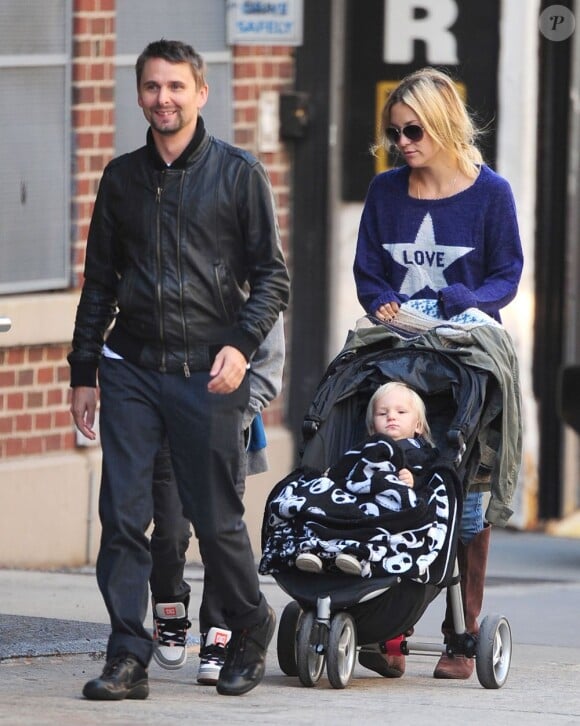 Kate Hudson, son fils Ryder, son fiancé Matthew Bellamy et leur fils Bingham à New York, le 17 avril 2013.