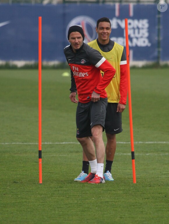 David Beckham lors de l'entraînement du PSG au Camp des Loges le 26 avril 2013 à Saint-Germain-en-Laye