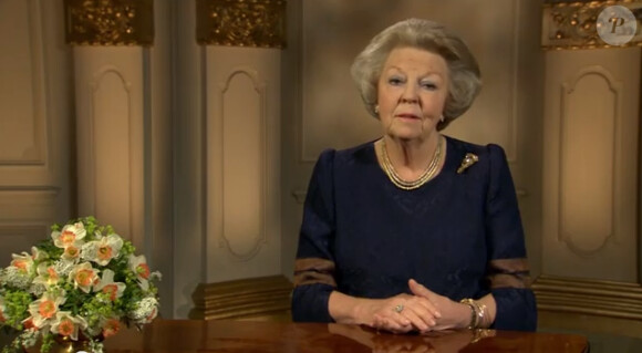 Beatrix des Pays-Bas lors de son discours d'adieu enregistré, diffusé le 29 avril 2013 à la veille de son abdication en faveur de son fils le prince Willem-Alexander.