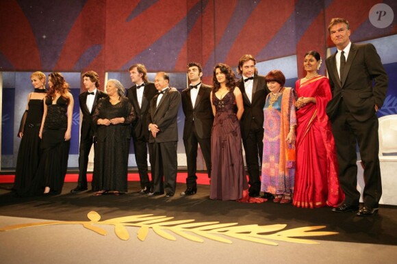 Jury president and Sarajevo-born director Emir Kusturica (5th L) stands with ceremony mistress Belgian actress Cecile de France (L) and the jury members of the 58th Cannes Film Festival, Indian actress Aishwarya Rai, U.S. author Toni Morrison, Hong Kong director John Woo, German-born director Fatih Akin, Mexican actress Salma Hayek, Spanish actor Javier Bardem, French director Agnes Varda, Indian actress Nandita Das and French director Benoit Jacquot during the opening ceremony in Cannes, southern France, on May 11, 2005. Photo by Hahn-Klein-Nebinger/ABACA.11/05/2005 - Cannes