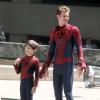 Andrew Garfield et son double sur le tournage de The Amazing Spider-Man 2 à New York City, le 27 mai 2013.