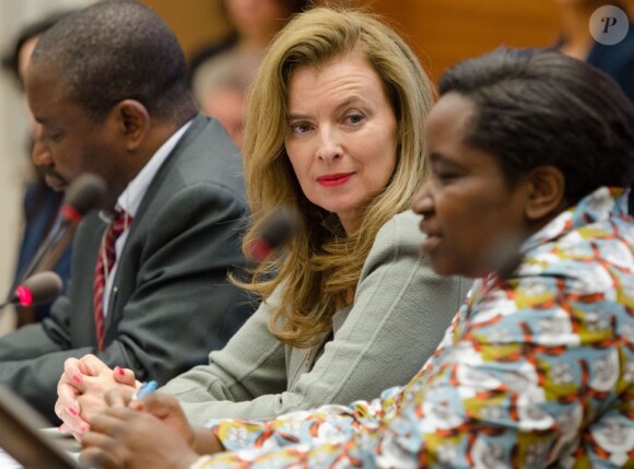 Valérie Trierweiler est intervenue en tant que qu'ambassadrice de la Fondation France Libertés lors de la nouvelle session du Conseil des Droits de L'Homme à l'ONU pour demander une résolution pour "mettre fin à l'impunité" sur les viols en République démocratique du Congo. Le 30 mai 2013 à Genève.