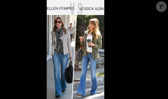 Ellen Pompeo, dans un look de businesswoman casual, et Jessica Alba, relax pour une journée shopping, s'affrontent dans le match du jean flare. Quel look préférez-vous ?