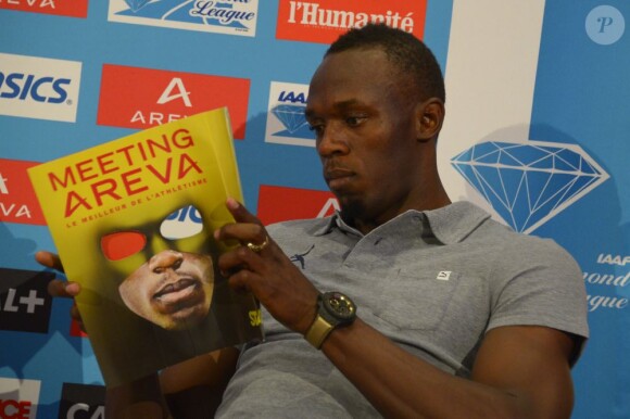 L'athlète jamaïcain Usain Bolt en conférence de presse à quelques jours du Meeting Areva au Stade de France. Paris, le 2 juillet 2013.