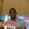 Usain Bolt en conférence de presse à quelques jours du Meeting Areva au Stade de France. Paris, le 2 juillet 2013.