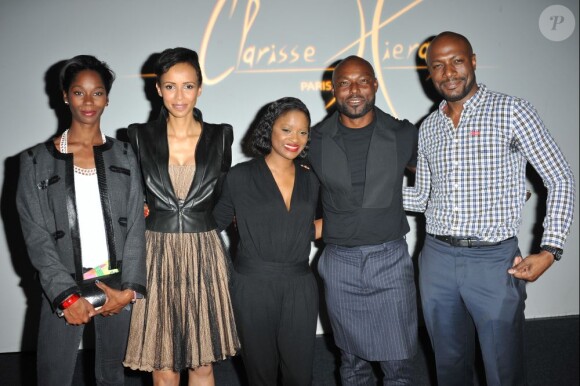 Harry Roselmack et sa femme Chrislaine, Sonia Rolland et Jimmy Jean Louis au défilé Clarisse Hieraix à l'espace Cardin à Paris le 3 juillet 2013.