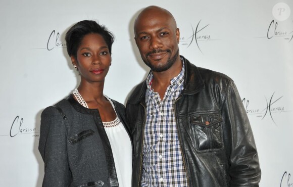Harry Roselmack et sa femme Chrislaine au défilé Clarisse Hieraix à l'espace Cardin à Paris le 3 juillet 2013.