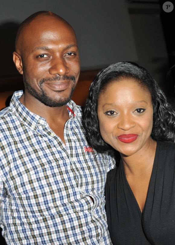 Harry Roselmack et la créatrice au défilé Clarisse Hieraix à l'espace Cardin à Paris le 3 juillet 2013.