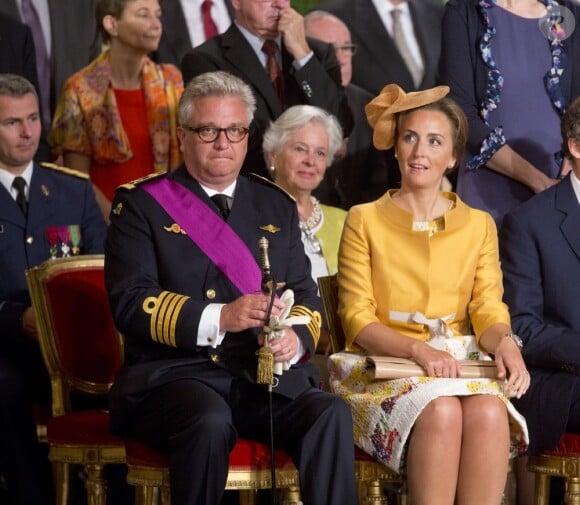 Le prince Laurent et la princesse Claire - Cérémonie d'abdication du roi Albert II de Belgique au palais de Bruxelles, le 21 juillet 2013.