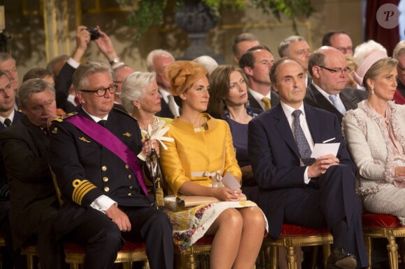 Le prince Laurent et la princesse Claire de Belgique - Cérémonie d'abdication du roi Albert II de Belgique au palais de Bruxelles, le 21 juillet 2013.