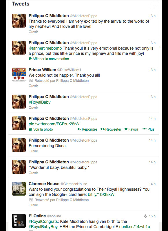 Pippa Middleton a assidûment tweeté au sujet de la naissance de son neveu le prince de Cambridge, fils du prince William et de Kate Middleton né le 22 juillet 2013.