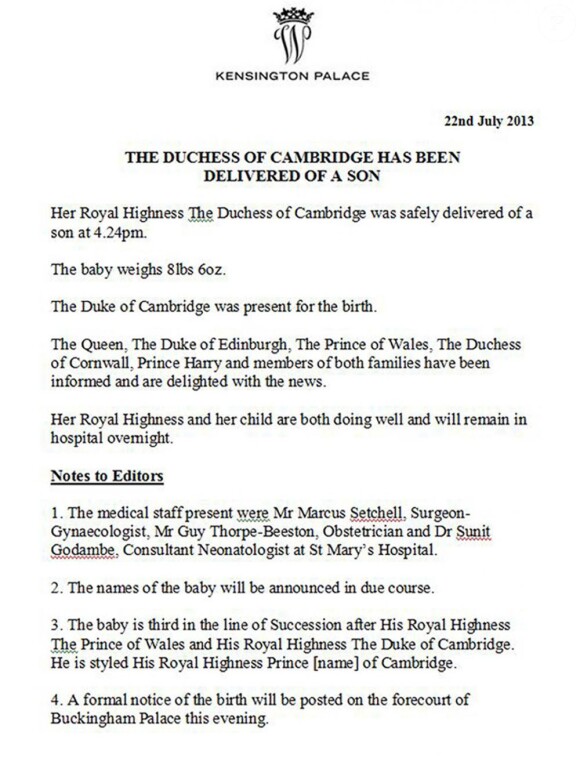 Le communiqué officiel annonçant le 22 juillet 2013 la naissance du prince de Cambridge.