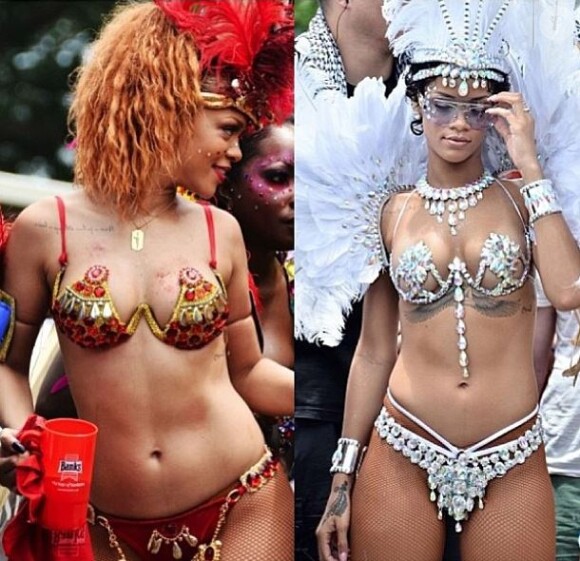 Rihanna, ultra sexy lors la parade du festival Crop Over (en 2012 à gauche, en 2013 à droite) à la Barbade. Le 5 août 2013.