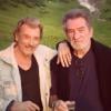 Eddy Mitchell et Johnny Hallyday pendant le tournage du film "Salaud, on t'aime" à Saint-Gervais-les-Bains