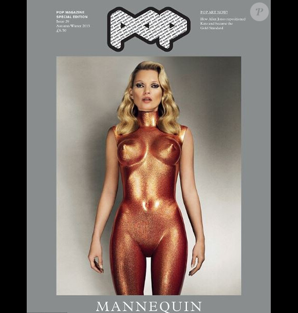 Kate Moss transformée en statue de bronze par l'artiste Allen Jones, figure en couverture du magazine POP. Numéro d'automne/hiver 2013.