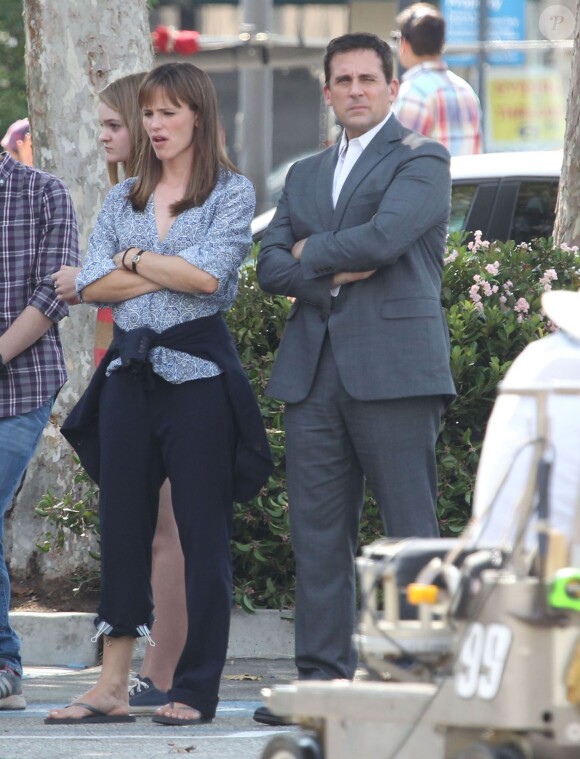 Steve Carell, Jennifer Garner sur le tournage du film "Alexander and the Terrible, Horrible, No Good, Very Bad Day" à Pasadena, le 26 août 2013.