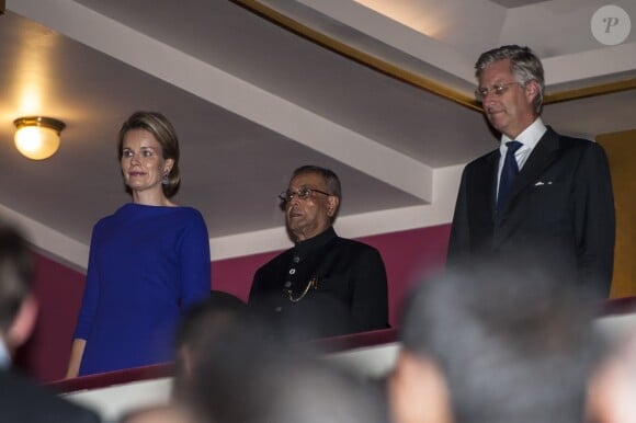 Philippe et Mathilde de Belgique lors de l'inauguration du Festival Europalia.India en présence du président de l'Inde Pranab Kumar Mukherjee au palais des Beaux-Arts de Bruxelles le 4 octobre 2013.