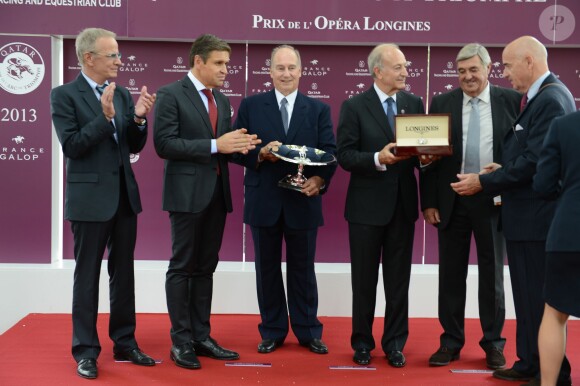 Christophe Lambert, le Prince Karim Aga Khan et Bertrand Belinguier au Qatar Prix de l'Arc de Triomphe à Longchamp le 6 octobre 2013.