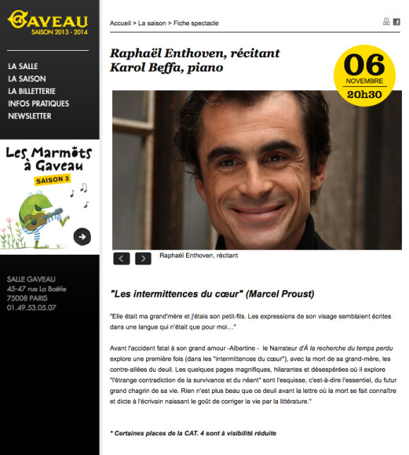 Raphaël Enthoven vous donne rendez-vous le 6 novembre 2013 à la salle Gaveau pour une lecture consacrée aux "Intermittences du coeur" de Marcel Proust.