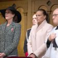 Le prince Albert II, la princesse Caroline de Hanovre et la princesse Stéphanie de Monaco lors de la célébration de la Messe d'action de grâce et du Te Deum à la Cathédrale de Monaco à l'occasion de la fête nationale, le 19 novembre 2013