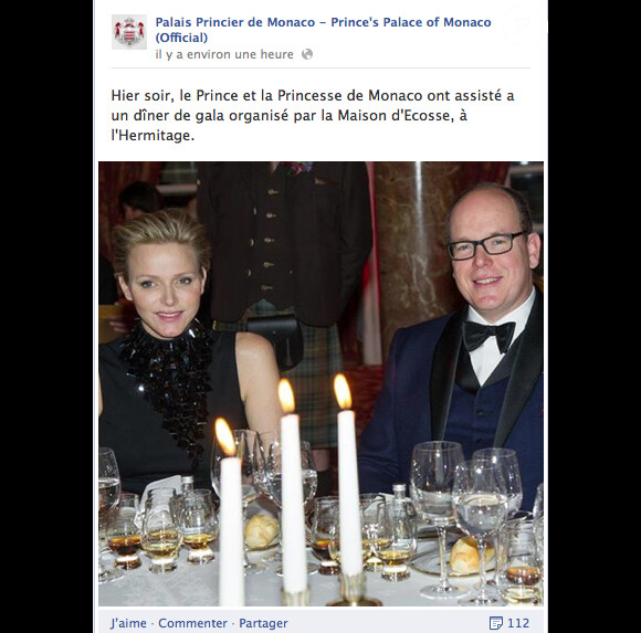 Le prince Albert II de Monaco et la princesse Charlene participaient le 1er décembre 2013 à un dîner de gala organisé par la Maison d'Ecosse, à l'Hermitage.