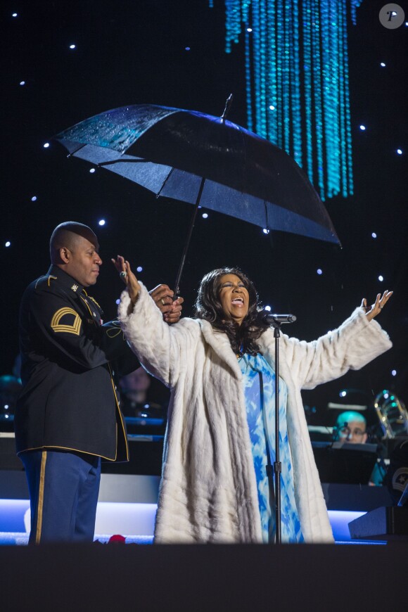 Aretha Franklin lors de la cérémonie d'illumination du Sapin de Noël National à Washington, le 6 décembre 2013