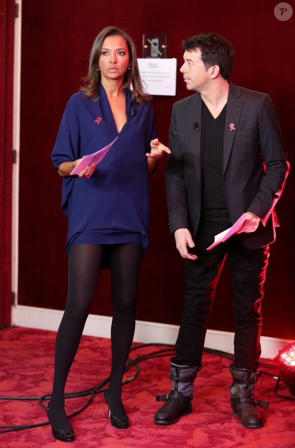 Exclusif - Les animateurs Karine Le Marchand et Stéphane Plaza - Enregistrement au théâtre Marigny de l'émission "Toute la télé chante pour le Sidaction" le 21 mars 2013.