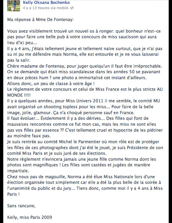 Le message Facebook de Kelly Bochenko à Geneviève de Fontenay