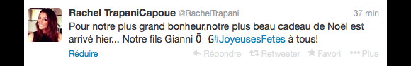 Rachel Legrain-Trapani annonce qu'elle est maman d'un petit Gianni sur Twitter, le 24 décembre 2013