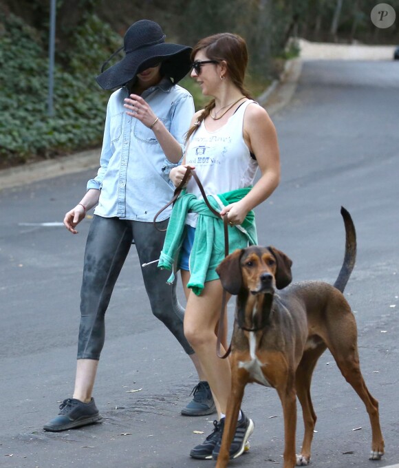 Anne Hathaway, visage caché par un grand chapeau, se promène avec une amie à Los Angeles le 29 décembre 2013