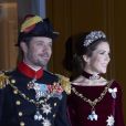 Le prince Frederik et la princesse Mary de Danemark au palais Christian VII d'Amalienborg, à Copenhague, le 1er janvier 2014 pour le banquet du Nouvel An offert par la reine Margrethe II.