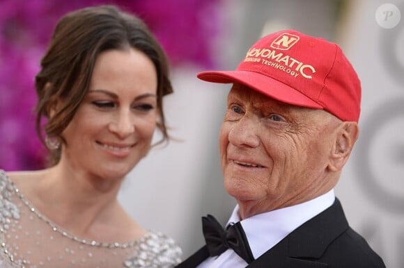Niki Lauda et sa femme lors des Golden Globe Awards au Beverly Hilton de Beverly Hills, Los Angeles, le 12 janvier 2014.