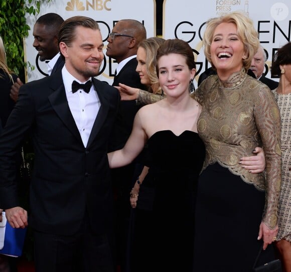 Leonardo DiCaprio, Emma Thompson et sa fille Gaia Romilly Wise lors des Golden Globe Awards au Beverly Hilton de Beverly Hills, Los Angeles, le 12 janvier 2014.