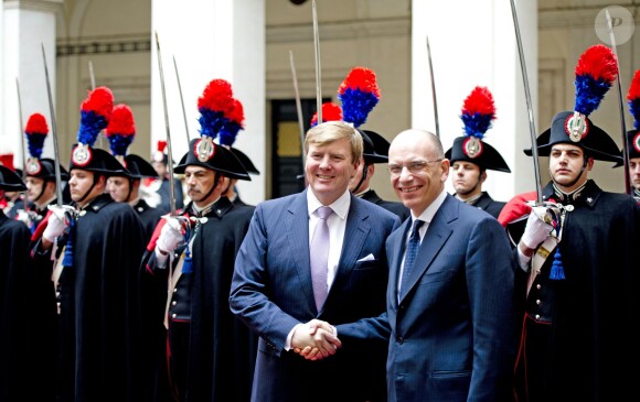 Visite officielle inaugurale du roi Willem-Alexander et de la reine Maxima des Pays-Bas en Italie le 23 janvier 2014, reçus à Rome au palais Chigi par le Premier ministre Enrico Letta