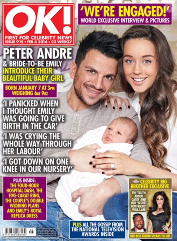 Peter Andre en couverture du magazine OK avec sa compagne Emily Mac Donagh et leur fille née le 7 janvier 2014.