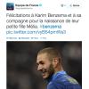 Tweet du compte de l'Equipe de France annonçant la paternité de Karim Benzema le 6 février 2014.