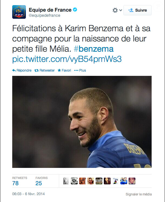 Tweet du compte de l'Equipe de France annonçant la paternité de Karim Benzema le 6 février 2014.