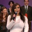 Kim Kardashian sur le plateau de la dernière émission de The Tongith Show, pour les adieux de Jay Leno, le 6 février 2014.