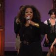 Oprah Winfrey sur le plateau de la dernière émission de The Tongith Show, pour les adieux de Jay Leno, le 6 février 2014.