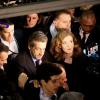 Nicolas Sarkozy lors du 1er grand meeting de Nathalie Kosciusko-Morizet au gymnase Japy, dans le cadre des prochaines élections municipales à Paris le 10 février 2014