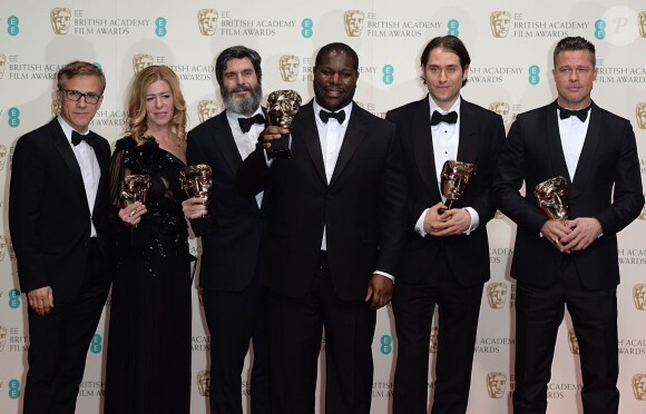 Christoph Waltz, Dede Gardner, Jeremy Kleiner, Steve McQueen, Anthony Katagas et Brad Pitt lors des BAFTA, le 16 février 2014 à Londres